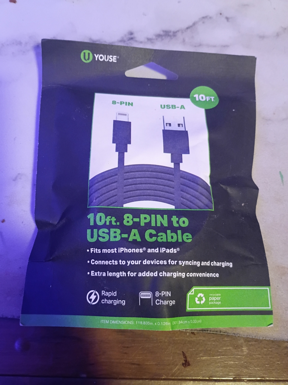 10ft Black 8-Pin to USB-A Charging Cable